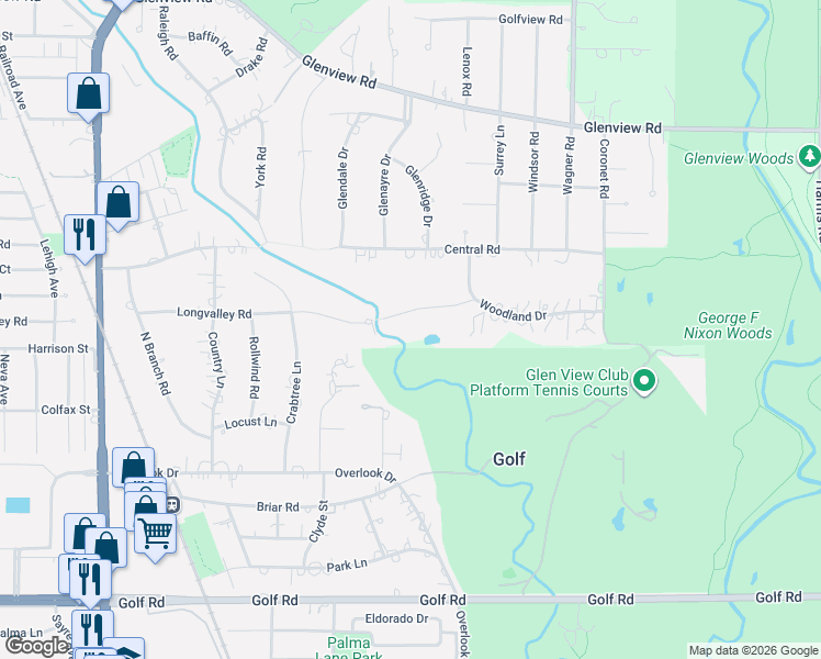 map of restaurants, bars, coffee shops, grocery stores, and more near 1125 Longvalley Road in Glenview