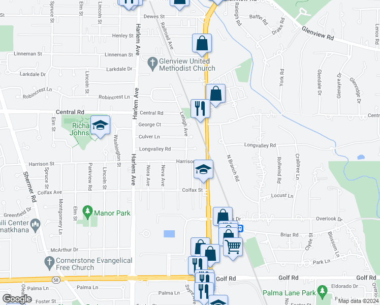 map of restaurants, bars, coffee shops, grocery stores, and more near 1729 Longvalley Road in Glenview