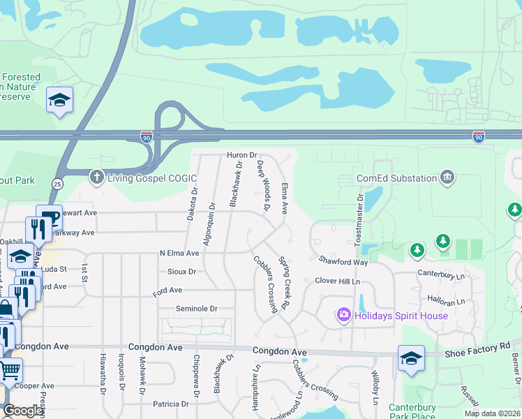 map of restaurants, bars, coffee shops, grocery stores, and more near 1040 Stewart Avenue in Elgin