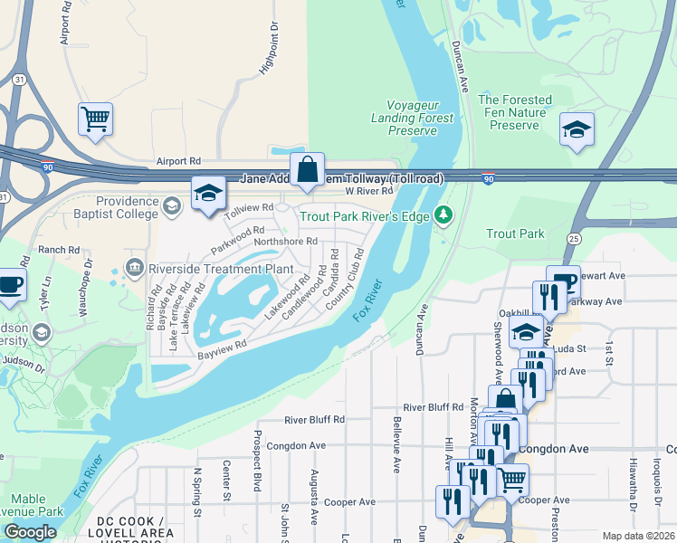map of restaurants, bars, coffee shops, grocery stores, and more near 1205 Candida Road in Elgin