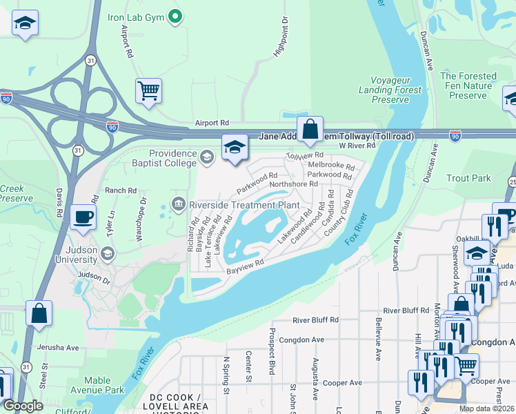 map of restaurants, bars, coffee shops, grocery stores, and more near 227 Big Peninsula Road in Elgin