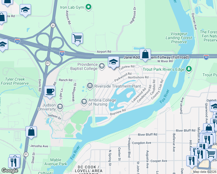map of restaurants, bars, coffee shops, grocery stores, and more near 1153 Richard Road in Elgin
