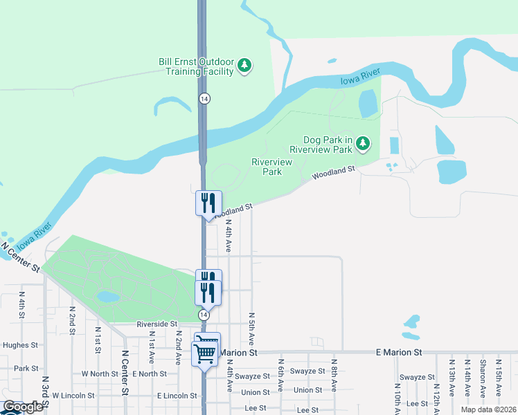 map of restaurants, bars, coffee shops, grocery stores, and more near 541-723 Woodland Street in Marshalltown