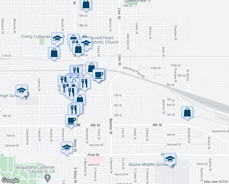 map of restaurants, bars, coffee shops, grocery stores, and more near 703 Benton Street in Boone