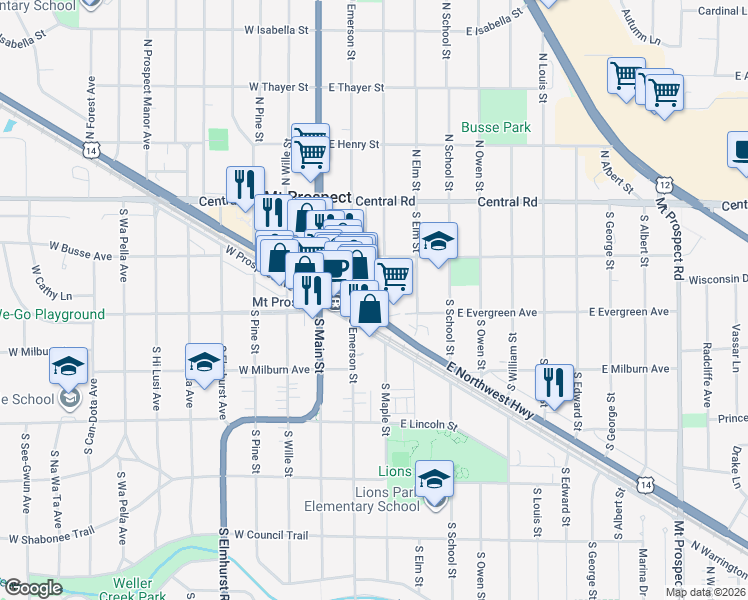 map of restaurants, bars, coffee shops, grocery stores, and more near 108 East Northwest Highway in Mount Prospect