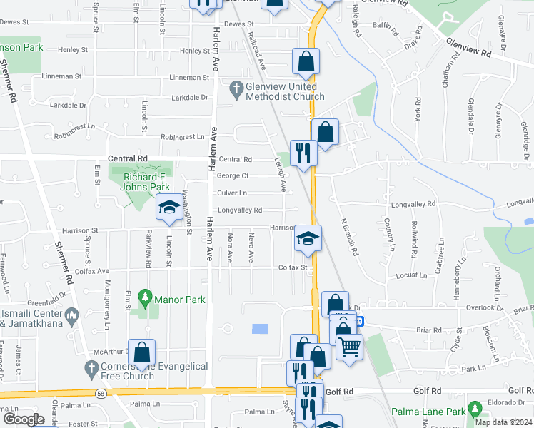 map of restaurants, bars, coffee shops, grocery stores, and more near 1763 Longvalley Road in Glenview