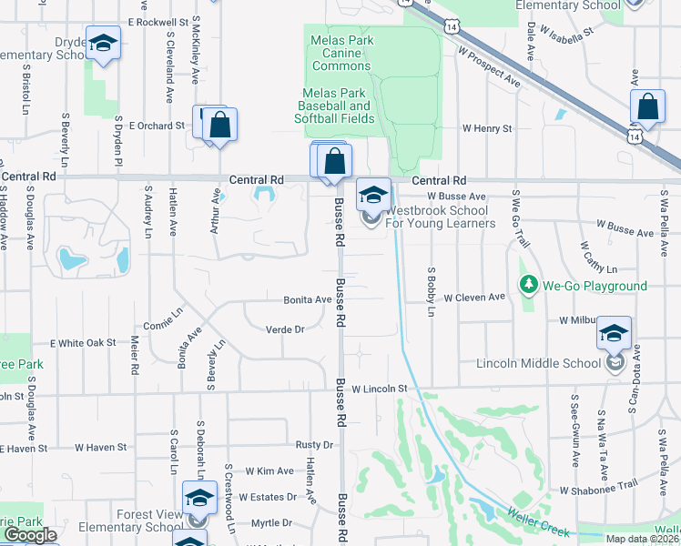 map of restaurants, bars, coffee shops, grocery stores, and more near 102 Busse Road in Mount Prospect