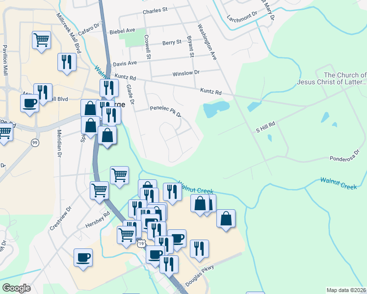 map of restaurants, bars, coffee shops, grocery stores, and more near 1810 Treetop Drive in Erie