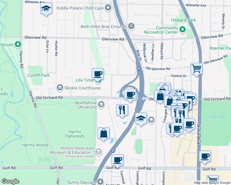 map of restaurants, bars, coffee shops, grocery stores, and more near 5250 Old Orchard Road in Skokie