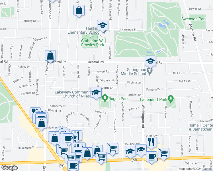 map of restaurants, bars, coffee shops, grocery stores, and more near 2928 Jerrie Lane in Glenview