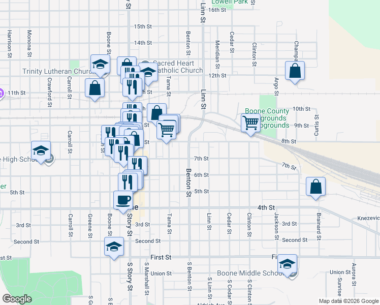 map of restaurants, bars, coffee shops, grocery stores, and more near 703 Benton Street in Boone