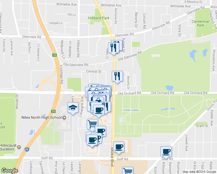 map of restaurants, bars, coffee shops, grocery stores, and more near 10019 La Crosse Avenue in Skokie