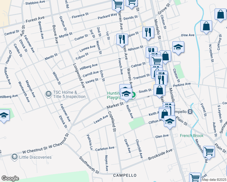 map of restaurants, bars, coffee shops, grocery stores, and more near 135 West Chestnut Street in Brockton