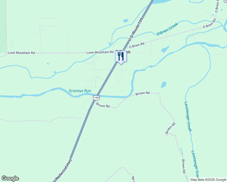 map of restaurants, bars, coffee shops, grocery stores, and more near 33252 Redwood Highway in O'Brien