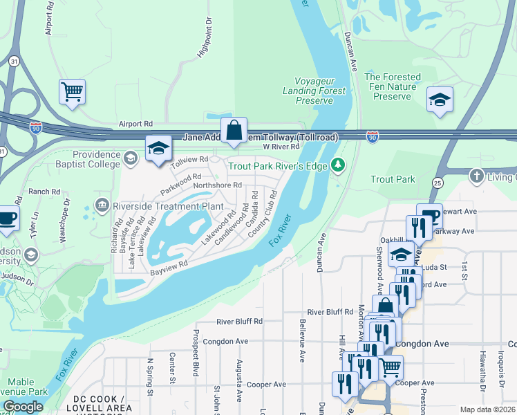 map of restaurants, bars, coffee shops, grocery stores, and more near 1165 Country Club Road in Elgin