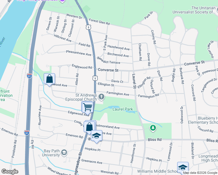 map of restaurants, bars, coffee shops, grocery stores, and more near 36 Farmington Avenue in Longmeadow
