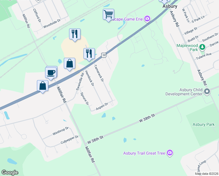map of restaurants, bars, coffee shops, grocery stores, and more near 3140 Tamarack Dr in Erie