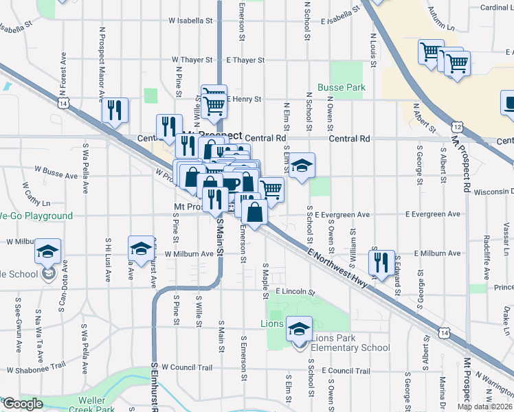 map of restaurants, bars, coffee shops, grocery stores, and more near 122 East Northwest Highway in Mount Prospect