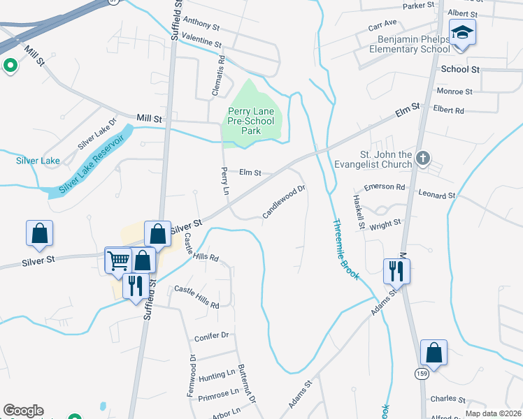 map of restaurants, bars, coffee shops, grocery stores, and more near 66 Candlewood Drive in Agawam