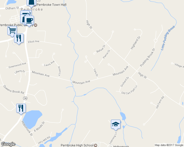 map of restaurants, bars, coffee shops, grocery stores, and more near 14 Tara Drive in Pembroke