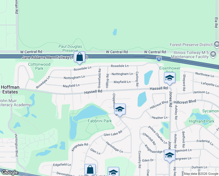 map of restaurants, bars, coffee shops, grocery stores, and more near 1160 Hassell Road in Hoffman Estates
