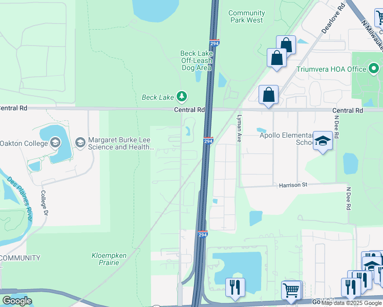 map of restaurants, bars, coffee shops, grocery stores, and more near 493 Leslie Court in Des Plaines