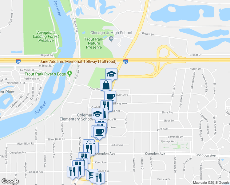 map of restaurants, bars, coffee shops, grocery stores, and more near 670 Stewart Avenue in Elgin