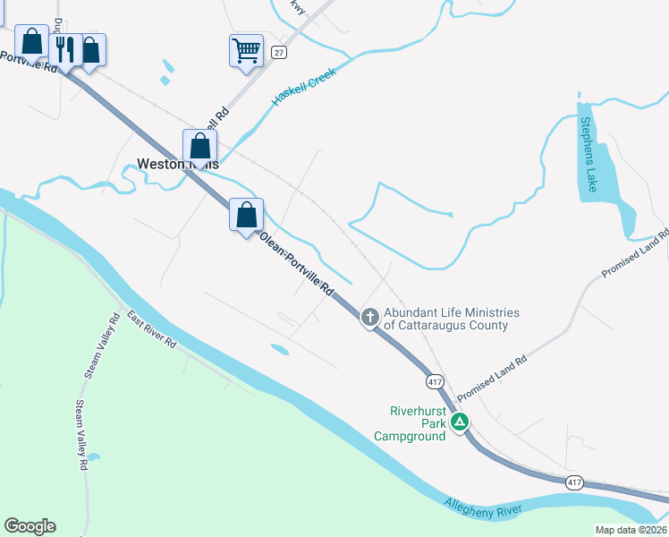 map of restaurants, bars, coffee shops, grocery stores, and more near 1378 Olean-Portville Road in Olean