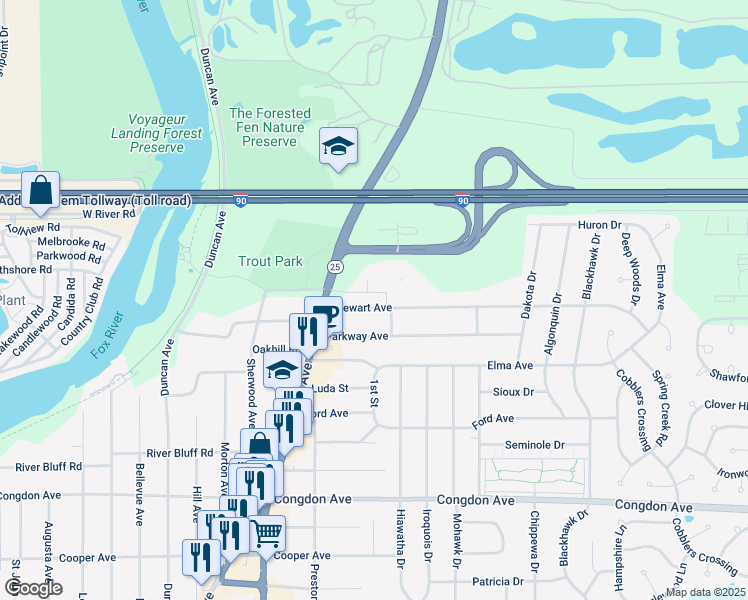 map of restaurants, bars, coffee shops, grocery stores, and more near 716 Stewart Ave in Elgin