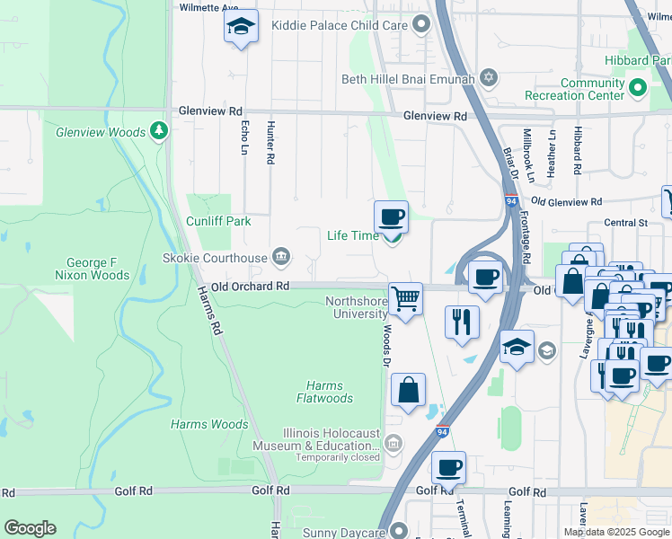 map of restaurants, bars, coffee shops, grocery stores, and more near 5420 Old Orchard Road in Skokie