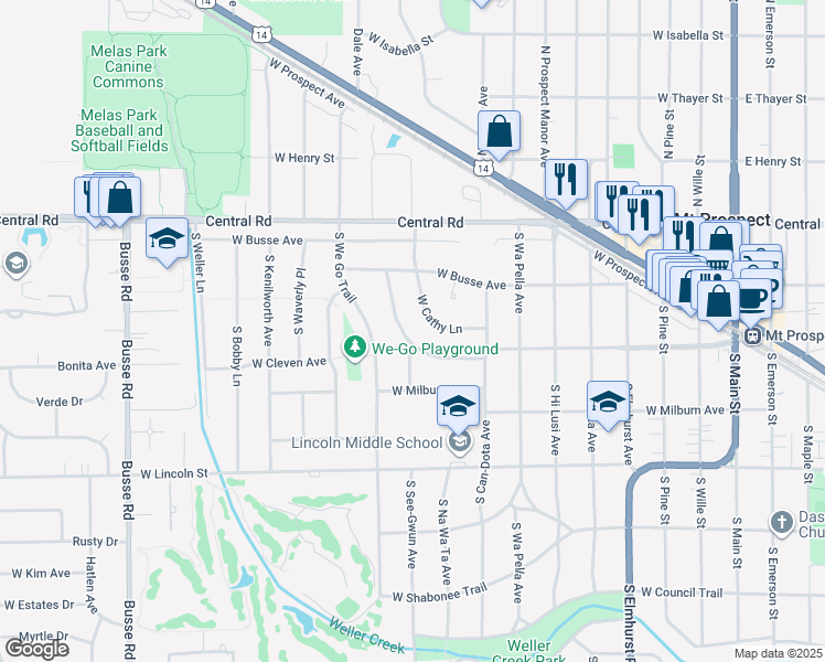 map of restaurants, bars, coffee shops, grocery stores, and more near 802 West Dresser Drive in Mount Prospect