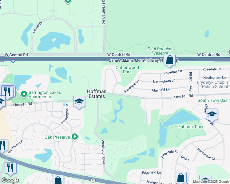 map of restaurants, bars, coffee shops, grocery stores, and more near 2001 East Parkview Circle in Hoffman Estates