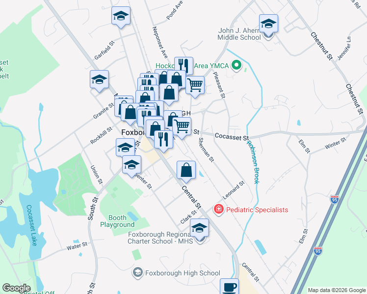 map of restaurants, bars, coffee shops, grocery stores, and more near 15 Wall Street in Foxborough
