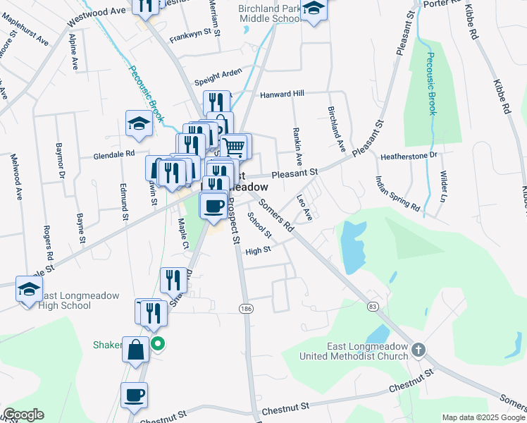 map of restaurants, bars, coffee shops, grocery stores, and more near 16 School Street in East Longmeadow