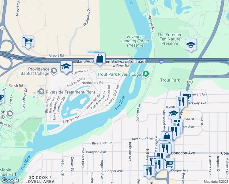 map of restaurants, bars, coffee shops, grocery stores, and more near 1165 Country Club Road in Elgin