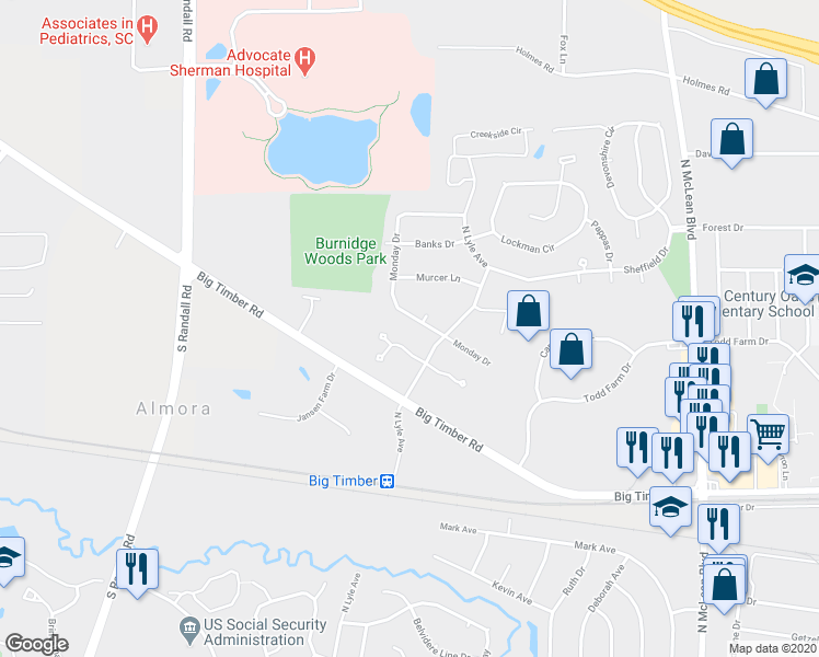 map of restaurants, bars, coffee shops, grocery stores, and more near 2034 Jeffery Court in Elgin