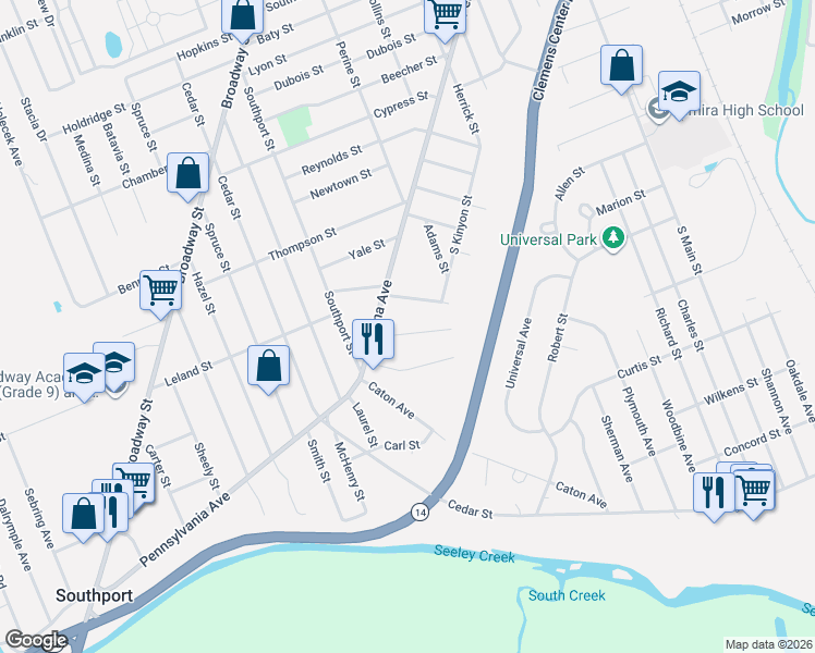 map of restaurants, bars, coffee shops, grocery stores, and more near 510 Budd Street in Elmira