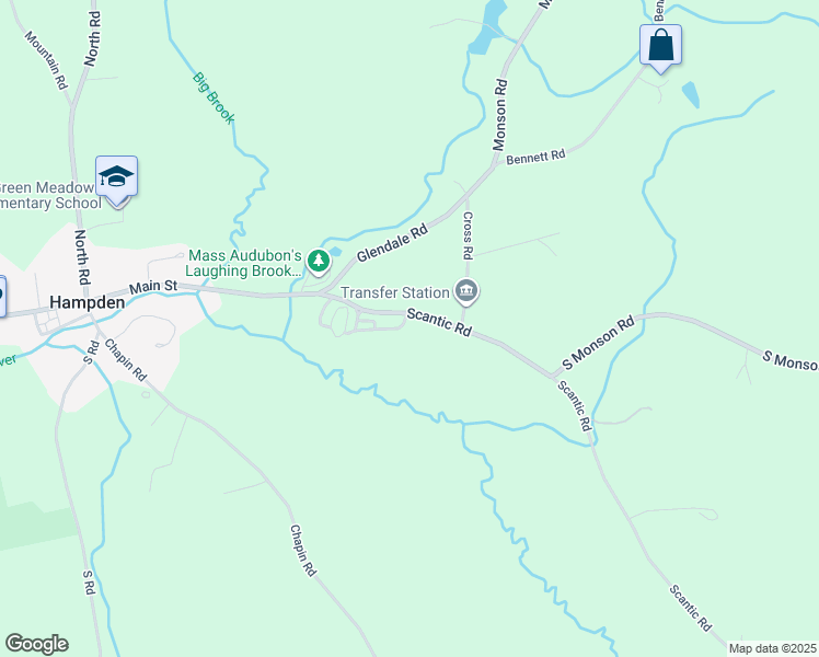 map of restaurants, bars, coffee shops, grocery stores, and more near 36 Scantic Road in Hampden