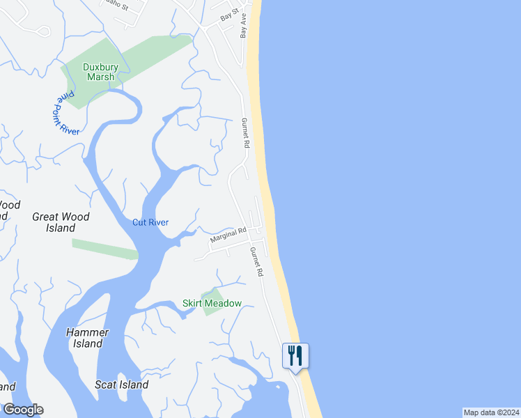 map of restaurants, bars, coffee shops, grocery stores, and more near 51 Ocean Road North in Duxbury