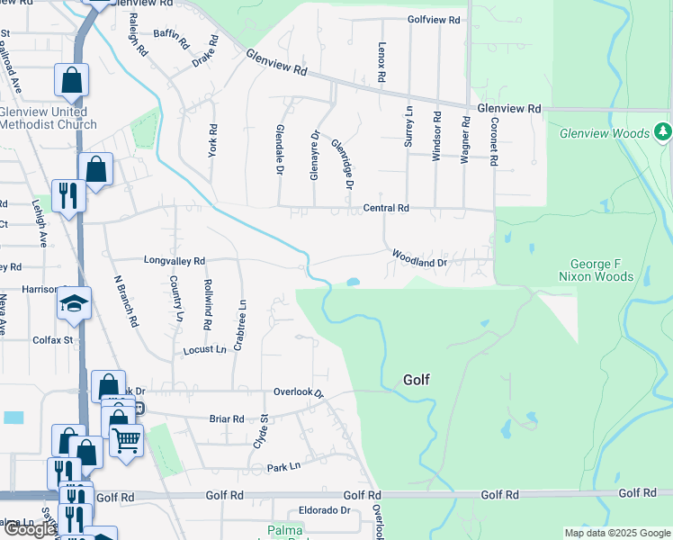 map of restaurants, bars, coffee shops, grocery stores, and more near 1125 Longvalley Road in Glenview