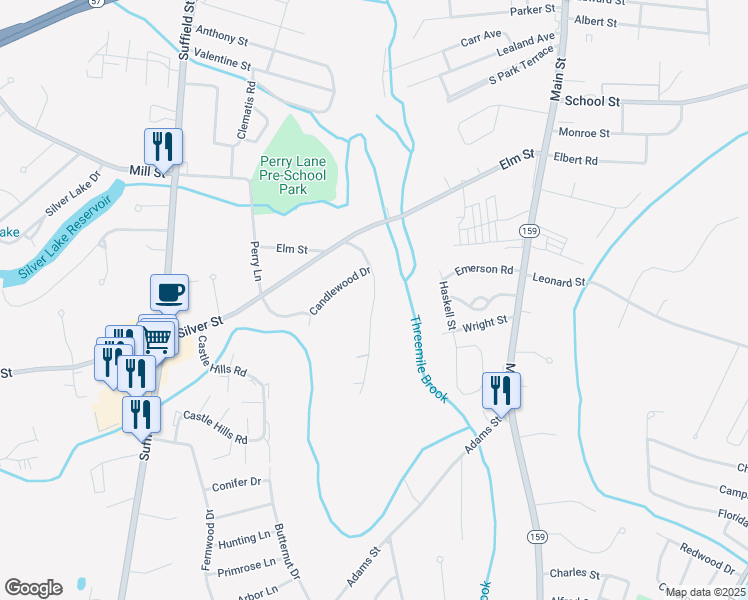 map of restaurants, bars, coffee shops, grocery stores, and more near 76 Birch Hill Road in Agawam