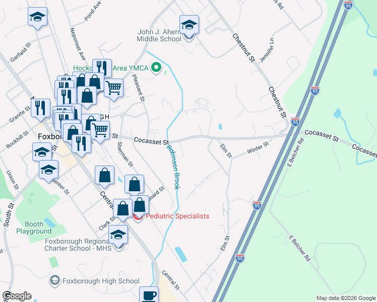 map of restaurants, bars, coffee shops, grocery stores, and more near 5 Summerville Road in Foxborough