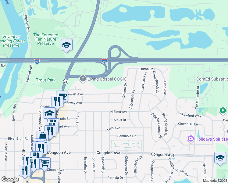 map of restaurants, bars, coffee shops, grocery stores, and more near 824 Stewart Avenue in Elgin