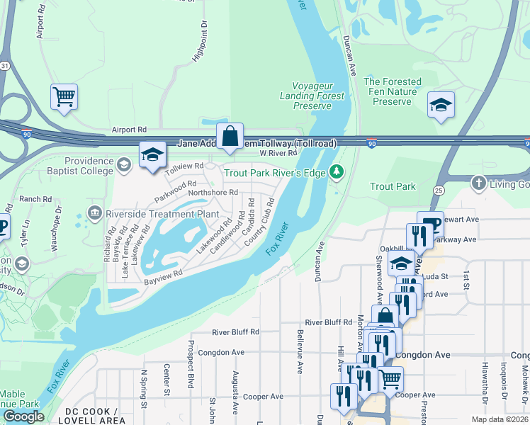 map of restaurants, bars, coffee shops, grocery stores, and more near 1165 Country Club Road in Elgin