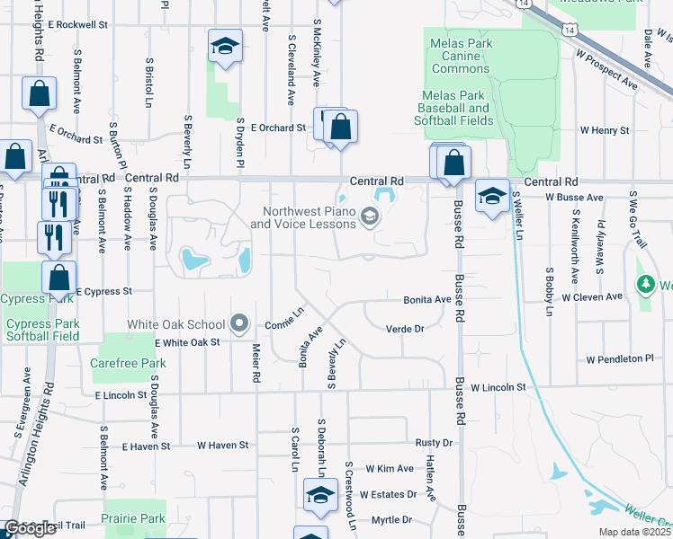 map of restaurants, bars, coffee shops, grocery stores, and more near 1415 East Central Road in Arlington Heights