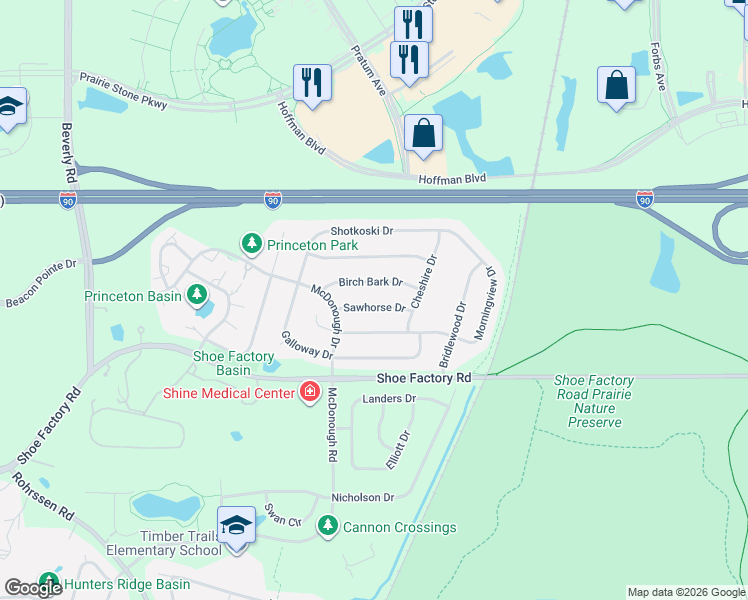 map of restaurants, bars, coffee shops, grocery stores, and more near 5260 Sawhorse Drive in Hoffman Estates