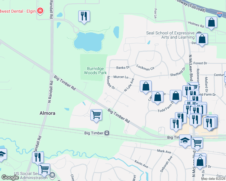 map of restaurants, bars, coffee shops, grocery stores, and more near 2034 Jeffery Court in Elgin