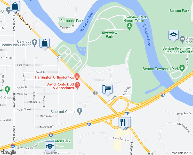 map of restaurants, bars, coffee shops, grocery stores, and more near 301 South Bluffwood Terrace in St. Joseph