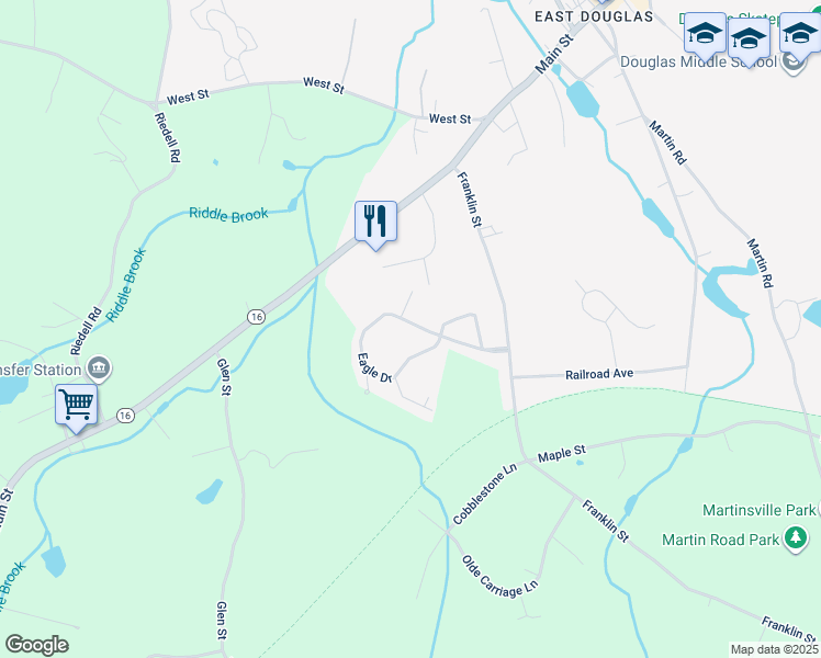 map of restaurants, bars, coffee shops, grocery stores, and more near 96 Eagle Drive in Douglas
