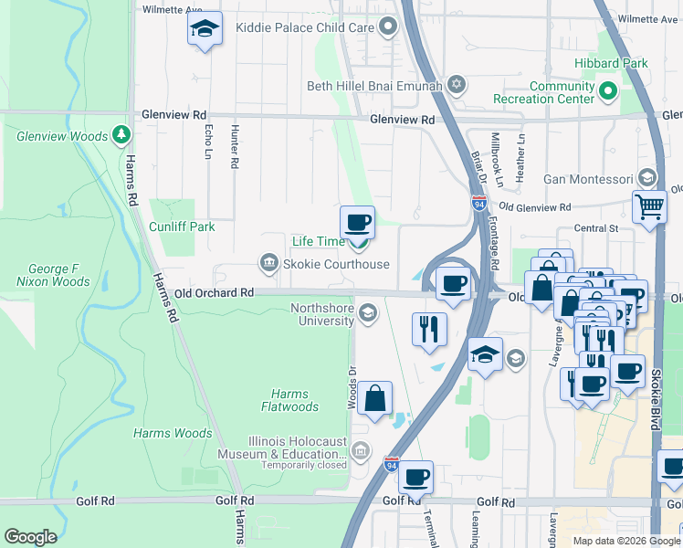 map of restaurants, bars, coffee shops, grocery stores, and more near Woods Drive in Glenview